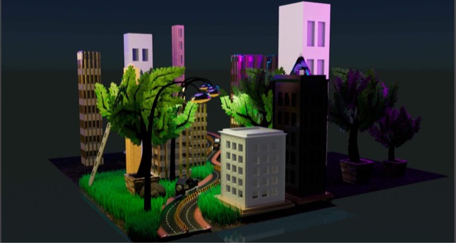3D city diorama, street-level view