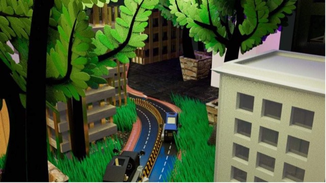 3D city diorama, aerial view
